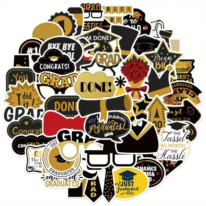 50 pieces graduation sticker set, featuring black and gold themes, includes graduation caps, graduation certificates, and words such as "GRAD" and "DONE!", and is highly suitable for decorating items like water bottles and laptops.
50 pieces graduation sticker set, featuring black and gold themes, includes graduation caps, graduation certificates, and words such as "GRAD" and "DONE!", and is highly suitable for decorating items like water bottles and laptops.