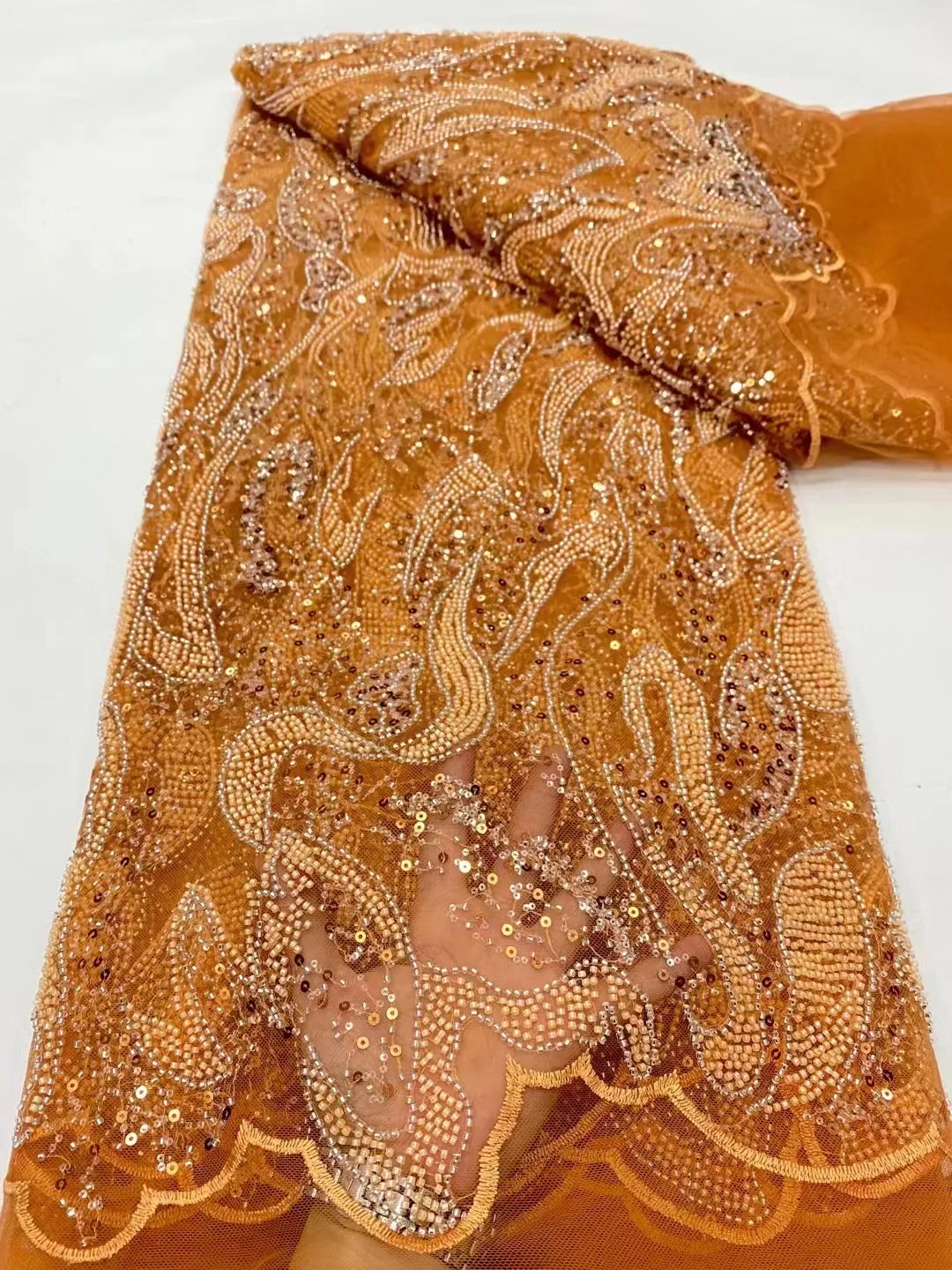 Orange Luxurious African Beaded Sequins Lace Fabric 2024 High Quality Heavy Groom Embroidery French Tulle Lace Nigerian Wedding
Orange Luxurious African Beaded Sequins Lace Fabric 2024 High Quality Heavy Groom Embroidery French Tulle Lace Nigerian Wedding