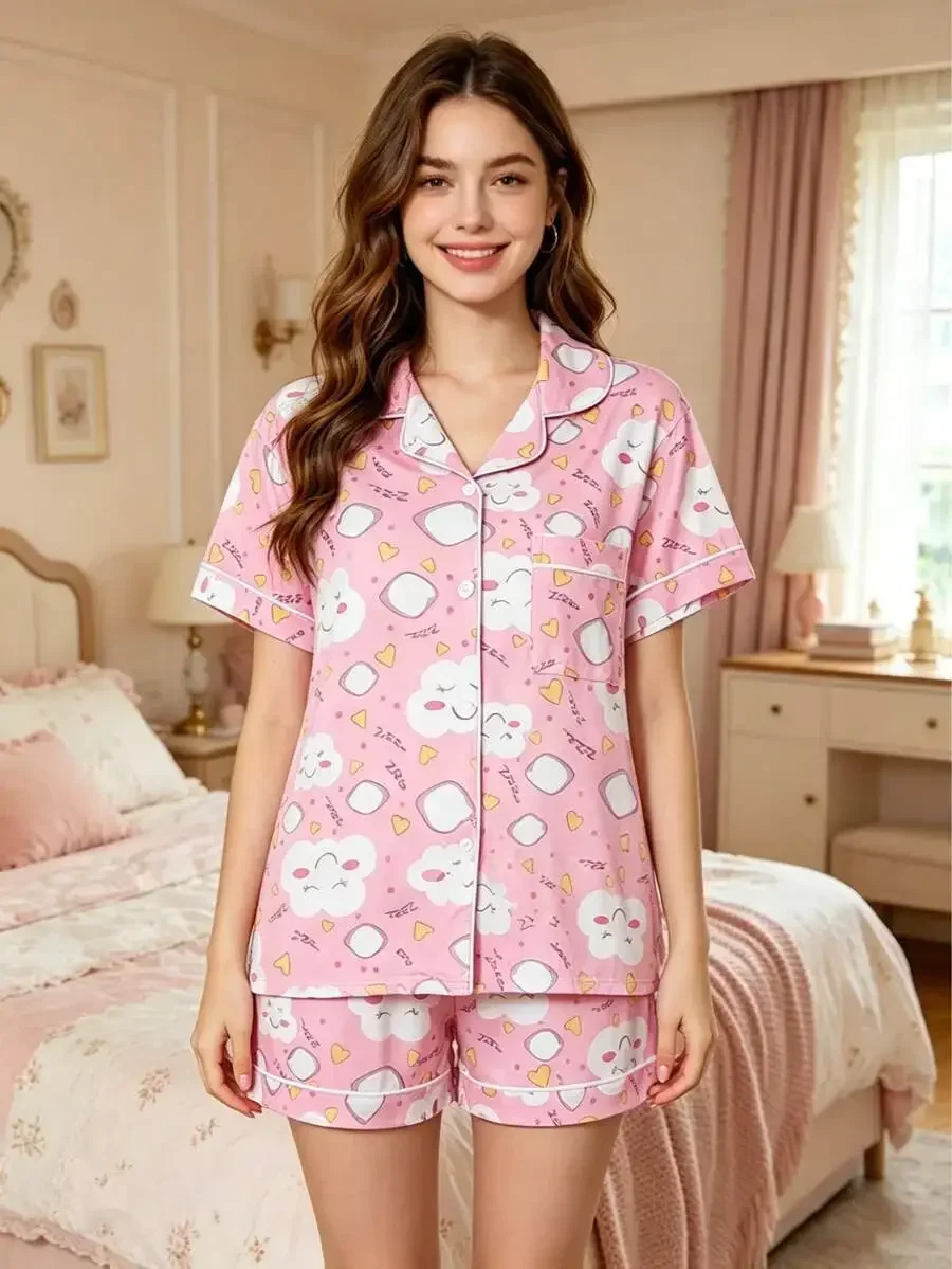 Womens Cute Cloud And Heart Print Pajama Set Short Sleeve Shirt With Collar Button Elastic Waist Shorts
Womens Cute Cloud And Heart Print Pajama Set Short Sleeve Shirt With Collar Button Elastic Waist Shorts