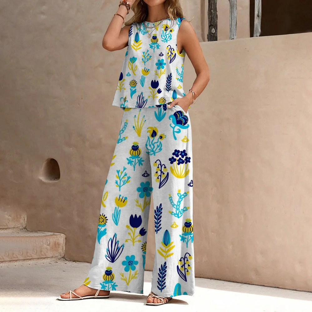Stylish Simple Summer Breathable Lightweight Chiffon Trouser Suit Elegant Style Flower Plant Print Sleeveless Top Trouser Suit
Stylish Simple Summer Breathable Lightweight Chiffon Trouser Suit Elegant Style Flower Plant Print Sleeveless Top Trouser Suit