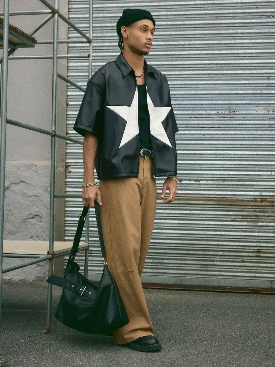 Mens PU Leather Short Sleeve Shirt With Star Print Loose Fit Streetwear Casual Shirt
Mens PU Leather Short Sleeve Shirt With Star Print Loose Fit Streetwear Casual Shirt