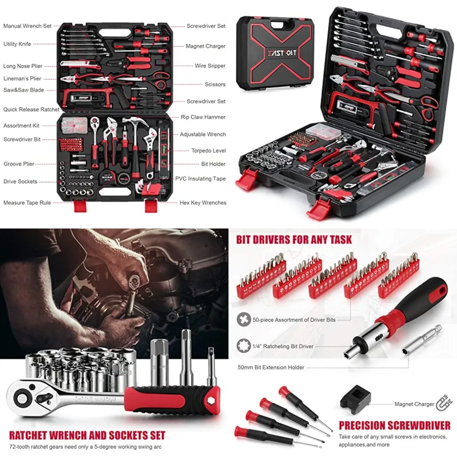 218-Piece Household Tool Kit, Auto Repair Tool Set, Tool Kits for Homeowner, Plier, Screwdriver Set, Socket Kit and Toolbox Storage Case,Black + Red
218-Piece Household Tool Kit, Auto Repair Tool Set, Tool Kits for Homeowner, Plier, Screwdriver Set, Socket Kit and Toolbox Storage Case,Black + Red