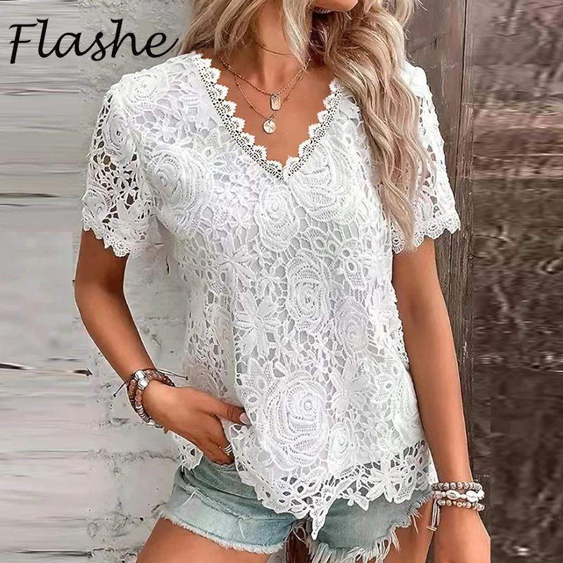 Elegant Lace Shirts For Women V Neck Short Sleeve Loose T-Shirt Women Casual Tee Tops Summer Shirts
Elegant Lace Shirts For Women V Neck Short Sleeve Loose T-Shirt Women Casual Tee Tops Summer Shirts