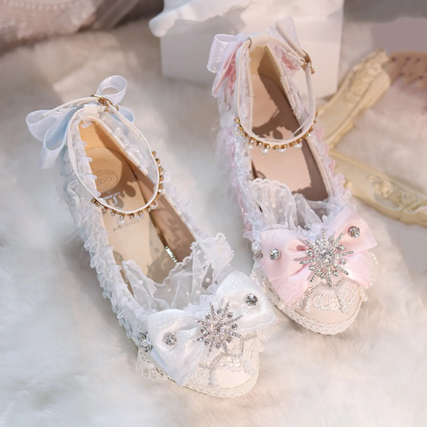 White Pink Lolita Wedding Heels Snowflake Bow Round Toe Shoes 5/8cm Heel Lace Ankle Strap Tea Party Pumps
White Pink Lolita Wedding Heels Snowflake Bow Round Toe Shoes 5/8cm Heel Lace Ankle Strap Tea Party Pumps