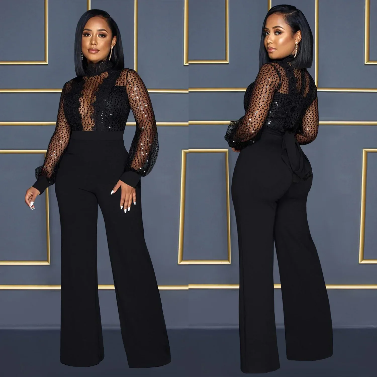 Fashion Women's Clothing Hollow Long-sleeved Loose Wide Leg Jumpsuits Overall Pants Solid Color Sexy Lace
Fashion Women's Clothing Hollow Long-sleeved Loose Wide Leg Jumpsuits Overall Pants Solid Color Sexy Lace