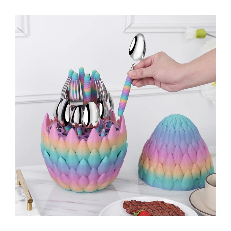 Christmas Business Gifts Dinosaur Egg Shaped Cutlery Set Holder Luxury Spoons Forks and Knife Stainless Steel 24pcs Cutlery Set
Christmas Business Gifts Dinosaur Egg Shaped Cutlery Set Holder Luxury Spoons Forks and Knife Stainless Steel 24pcs Cutlery Set