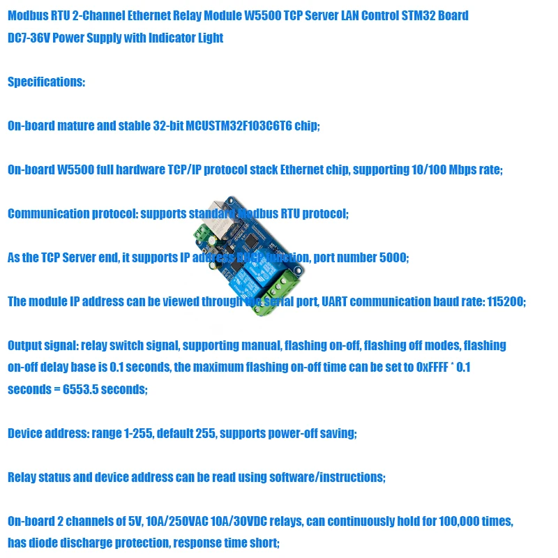 Modbus RTU 2-Channel Ethernet Relay Module W5500 TCP Server LAN Control STM32 Board DC7-36V Power Supply with Indicator Light
Modbus RTU 2-Channel Ethernet Relay Module W5500 TCP Server LAN Control STM32 Board DC7-36V Power Supply with Indicator Light