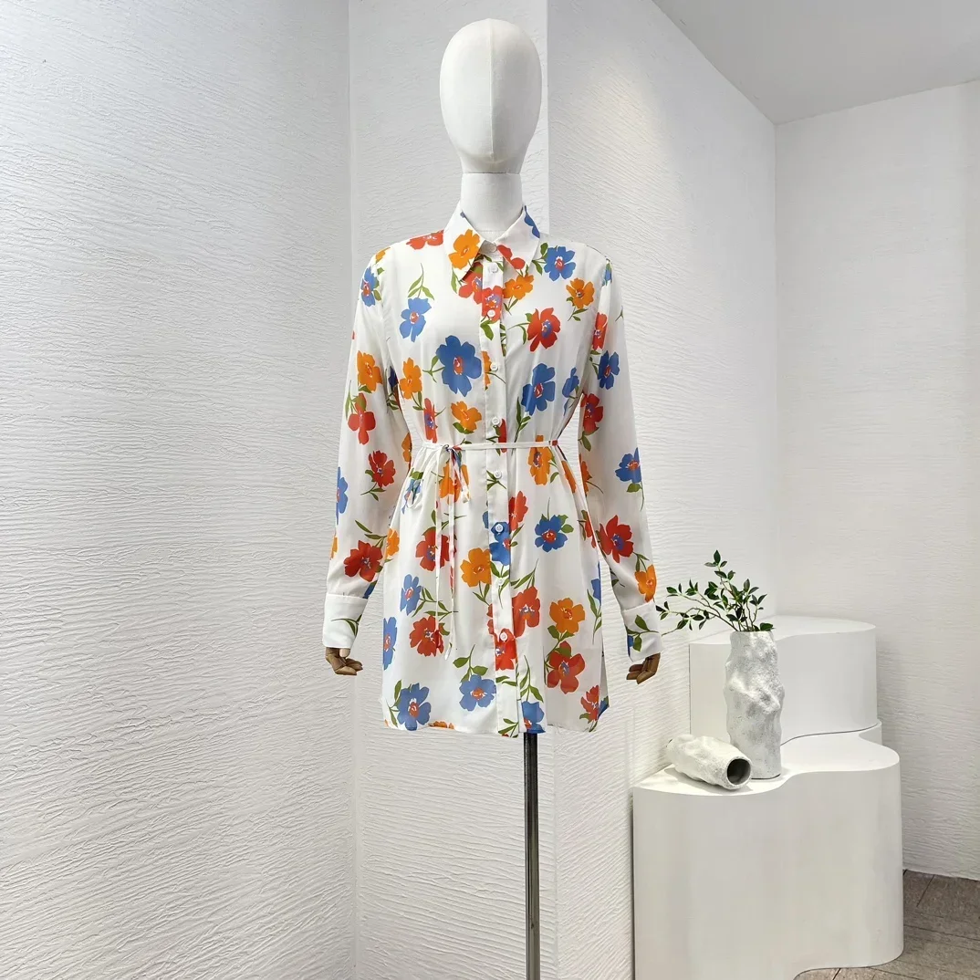 Spring Summer New Collection White Flowers Print Long Sleeve Self Tie Belt Shirt Mini Dress for Women
Spring Summer New Collection White Flowers Print Long Sleeve Self Tie Belt Shirt Mini Dress for Women
