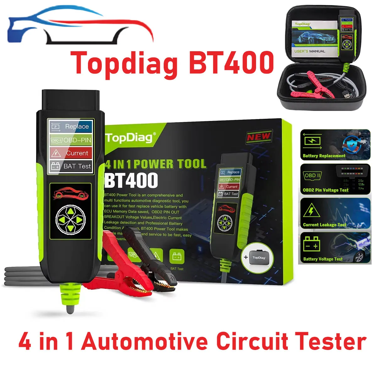 TopDiag BT400 Анализатор автомобильного аккумулятора OBDII Тестер утечки цепей 12 В-24 В 20-2000 CCA Анализатор аккумулятора Тест нагрузки Автоматическое разрешение
TopDiag BT400 Анализатор автомобильного аккумулятора OBDII Тестер утечки цепей 12 В-24 В 20-2000 CCA Анализатор аккумулятора Тест нагрузки Автоматическое разрешение
