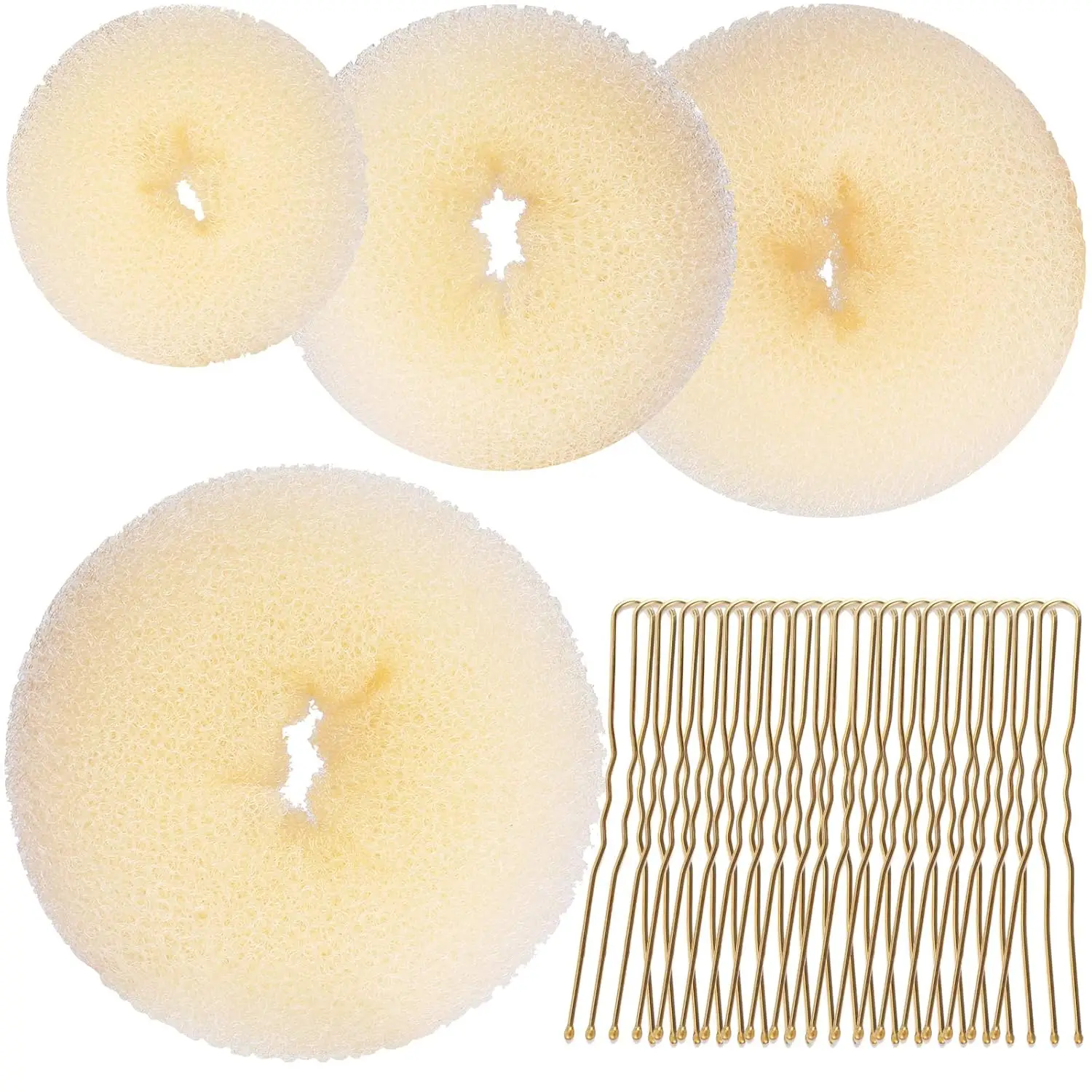 4 Pcs Hair Bun Maker Set with 20 U-Shaped Pins, Blonde, Extra Large to Small
4 Pcs Hair Bun Maker Set with 20 U-Shaped Pins, Blonde, Extra Large to Small