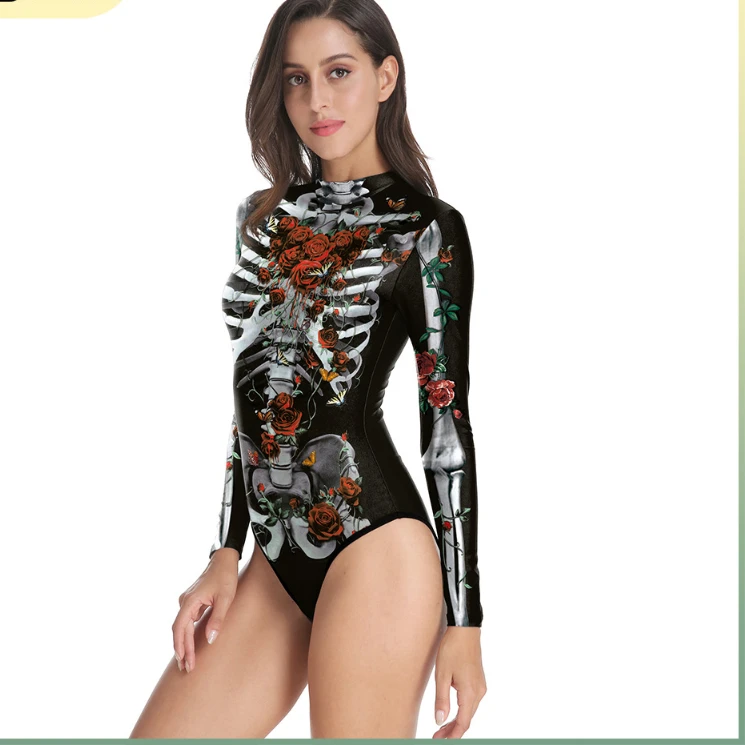 Halloween Carnival Party Rose Skeleton 3D Printing Long Sleeve Sexy Bodysuit Swimsuit Zipper Triangle One Piece Swimsuit Women
Halloween Carnival Party Rose Skeleton 3D Printing Long Sleeve Sexy Bodysuit Swimsuit Zipper Triangle One Piece Swimsuit Women