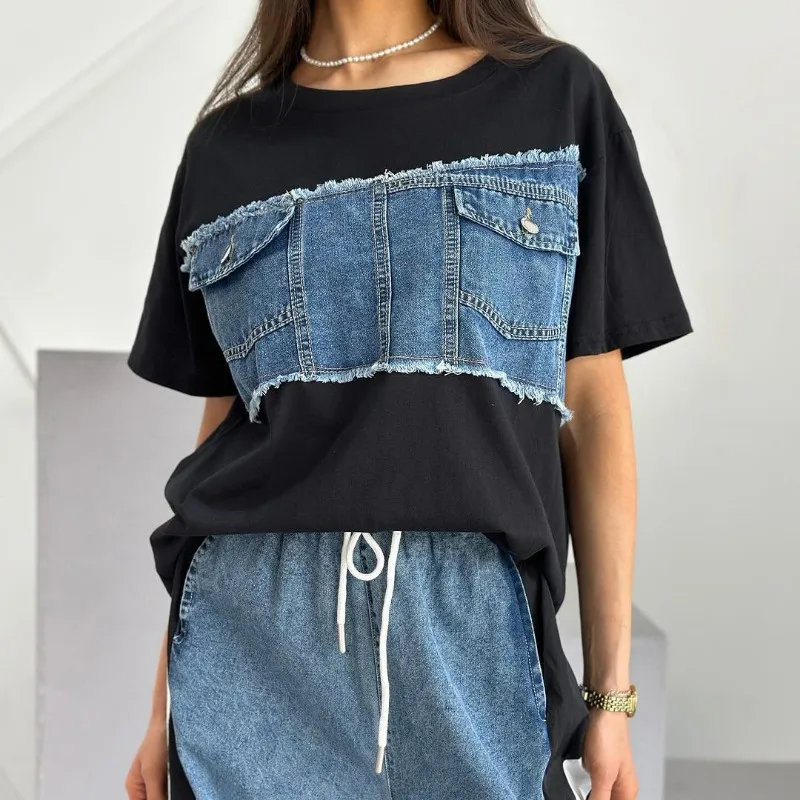 2024 Loose Casual Loose T-shirt Women's Spring and Summer Design Denim Patchwork Short Sleeved Women's Top
2024 Loose Casual Loose T-shirt Women's Spring and Summer Design Denim Patchwork Short Sleeved Women's Top