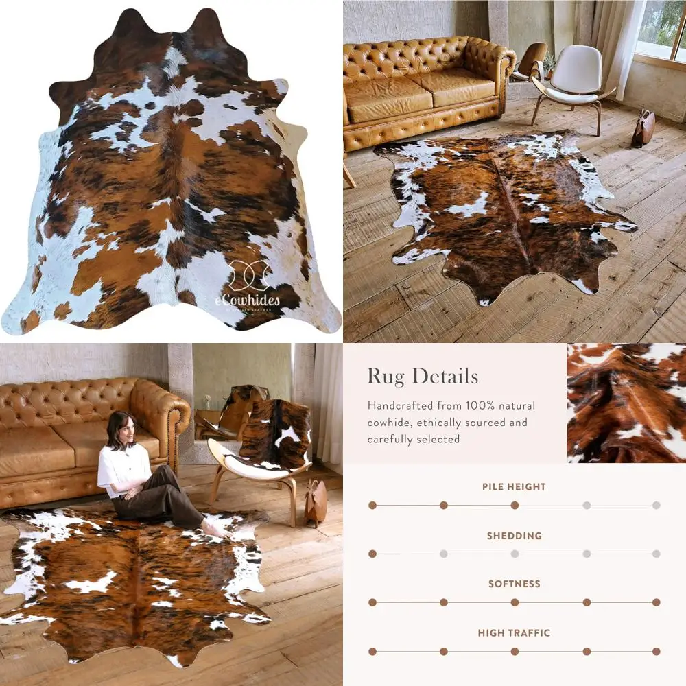 Authentic Brazilian Cowhide Tricolor Rug: Brown, Black & White Luxury Leather Area Rug Decor 
Authentic Brazilian Cowhide Tricolor Rug: Brown, Black & White Luxury Leather Area Rug Decor
