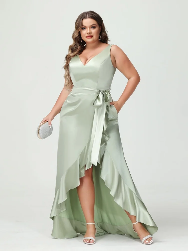Plus Size Women Satin Evening Dresses with Pockets Sash Sheath Column V-Neck Sleeveless Ruffled High Low Wedding Guests
Plus Size Women Satin Evening Dresses with Pockets Sash Sheath Column V-Neck Sleeveless Ruffled High Low Wedding Guests