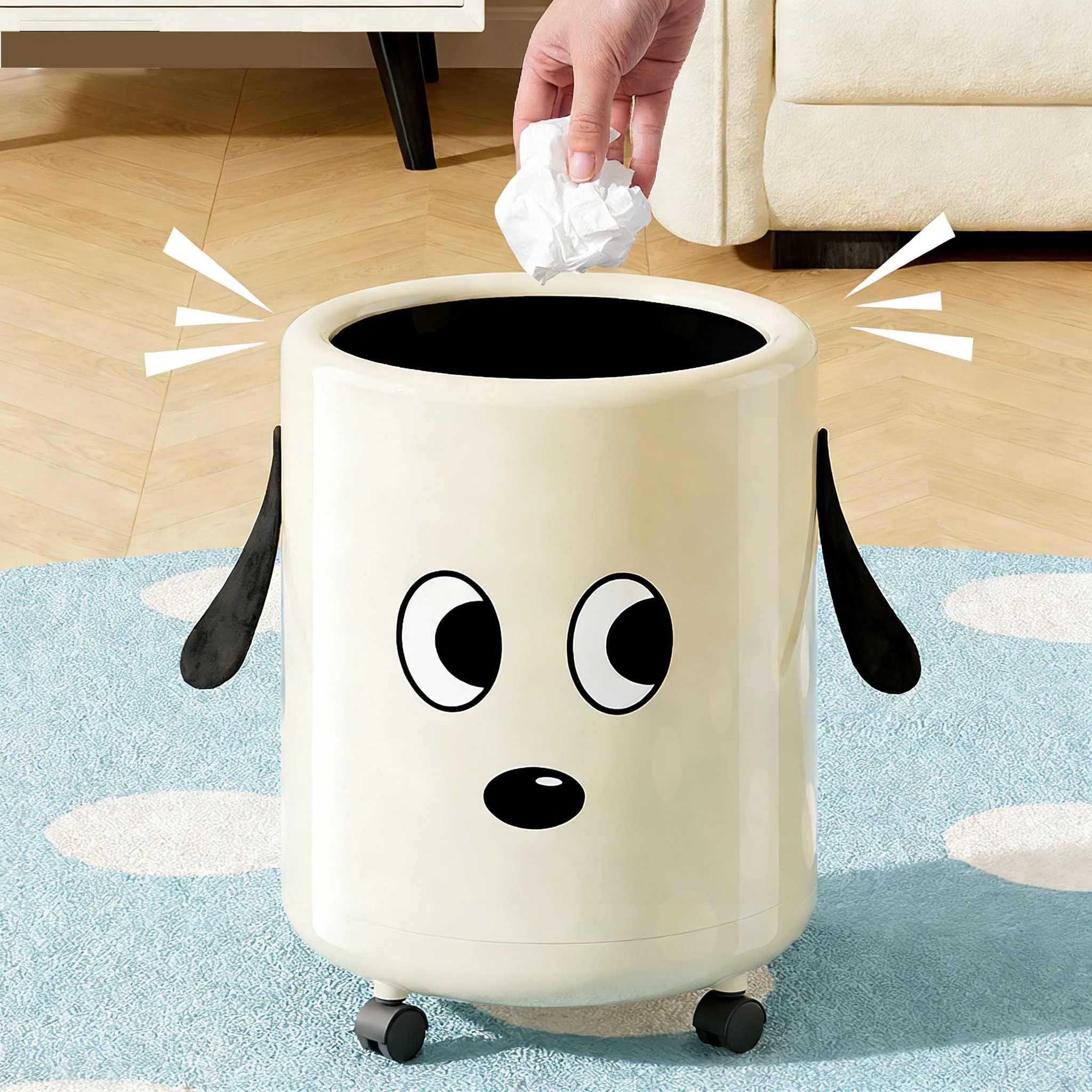 A trash can with wheels. Features a cute cartoon dog design. Practical and serves as a home decor item.
A trash can with wheels. Features a cute cartoon dog design. Practical and serves as a home decor item.