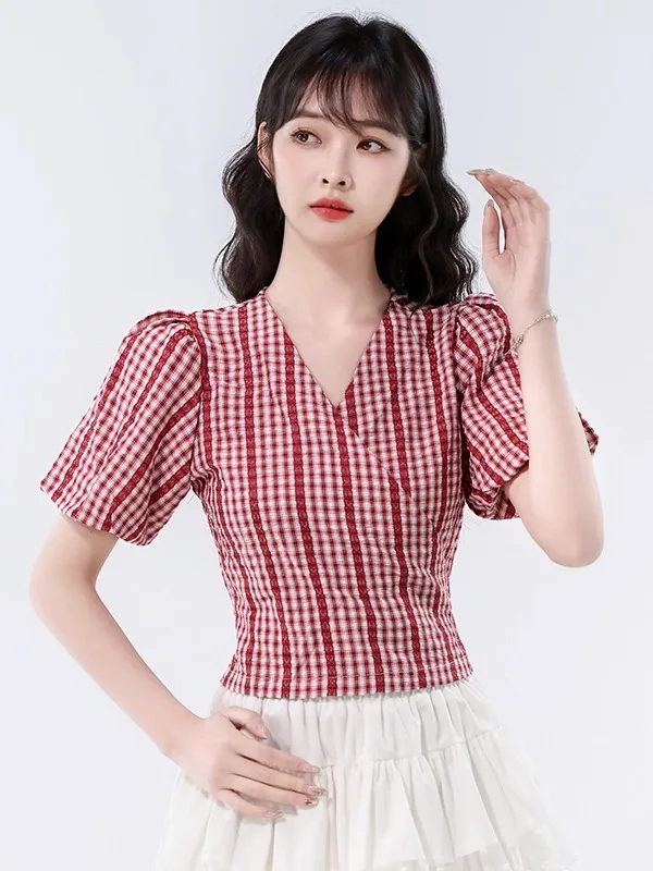 Women's Plaid Bubble Sve irt V-Ne ort Length Cotton Summer Faion Design Ba Tie Knot Top
Women's Plaid Bubble Sve irt V-Ne ort Length Cotton Summer Faion Design Ba Tie Knot Top