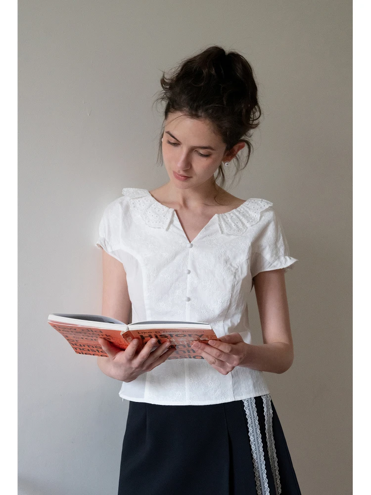 White Lace Collar ort Sve Slim Fit V Ne irt Summer New Sle EGGKA French Sle Polyester Fiber Pure Color Top
White Lace Collar ort Sve Slim Fit V Ne irt Summer New Sle EGGKA French Sle Polyester Fiber Pure Color Top