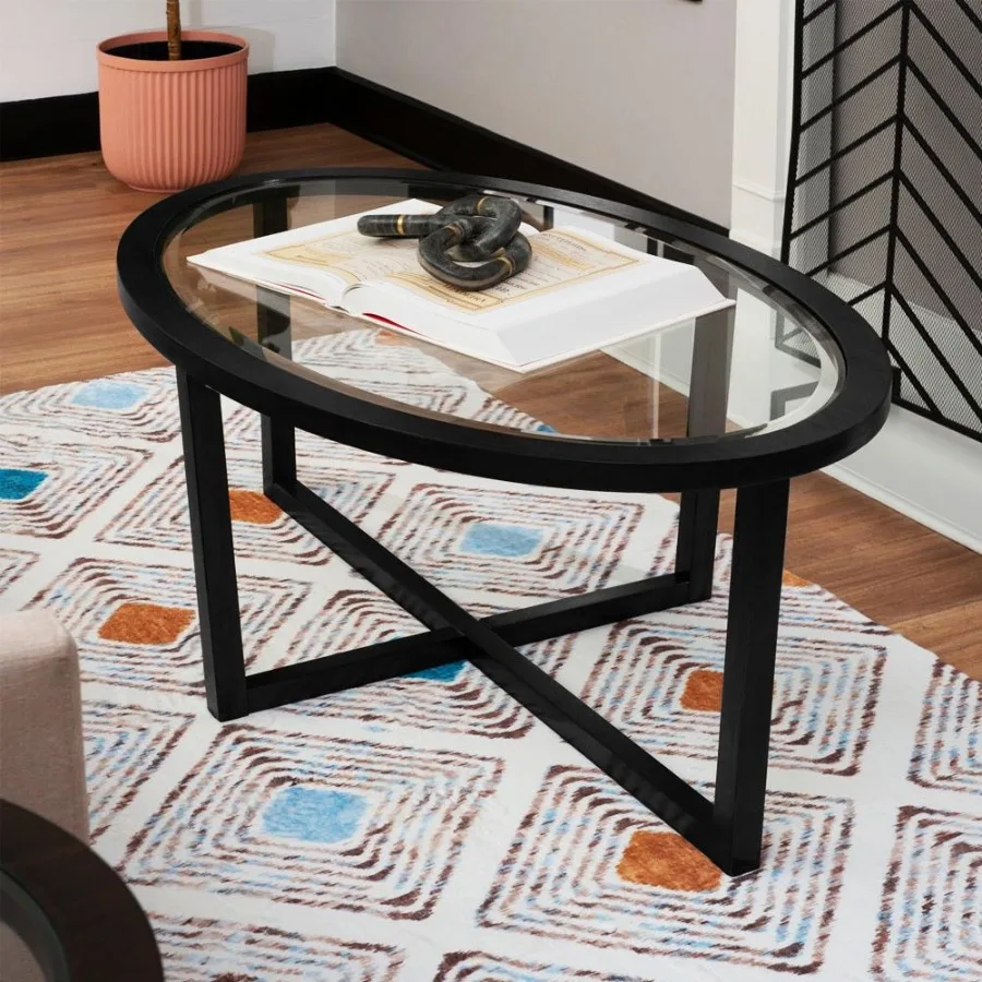 1PC Glass Coffee Table Oval Living Room Table with Cross Base and Acacia Wood Legs
1PC Glass Coffee Table Oval Living Room Table with Cross Base and Acacia Wood Legs