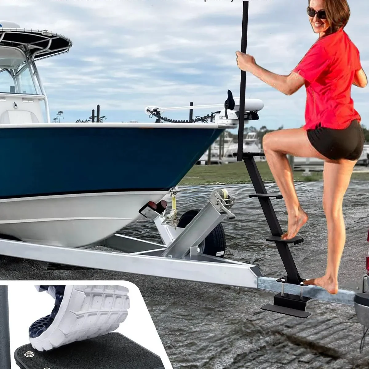 Heavy duty marine trailer pedals with safety handles, non-slip surface, unlike most deep V-trailers
Heavy duty marine trailer pedals with safety handles, non-slip surface, unlike most deep V-trailers