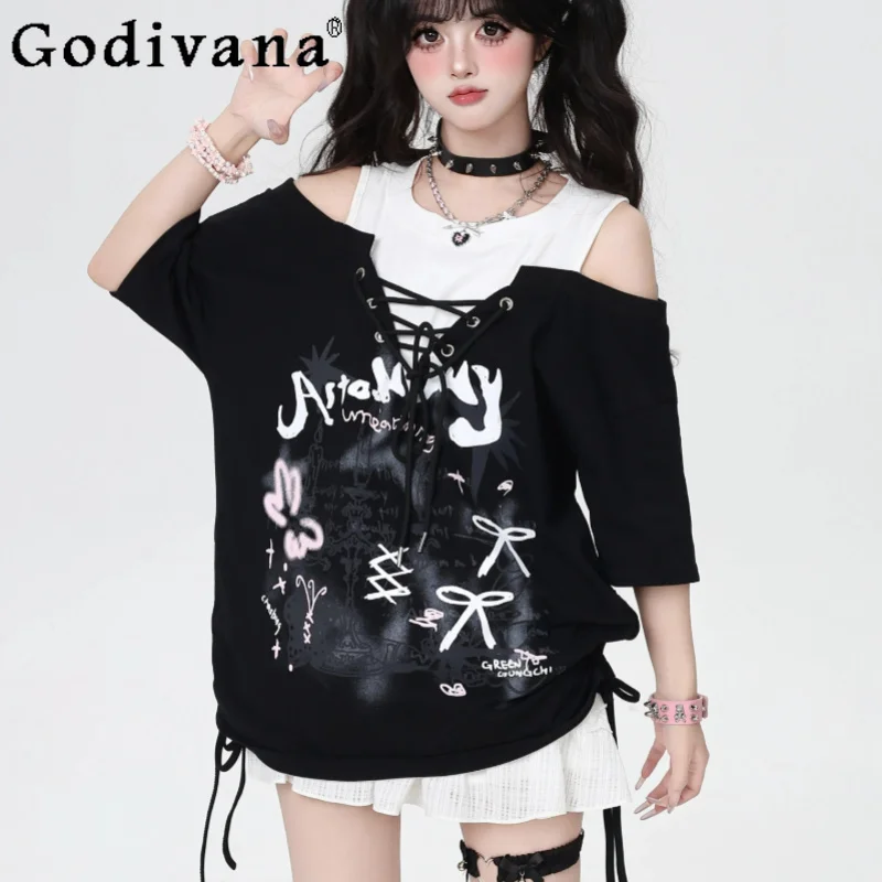 Summer Sweet Bow Lace-up Fake Two-piece Off-the-shoulder T-shirt Fashion Versatile Age-reducing Loose Crew Neck Japanese Top
Summer Sweet Bow Lace-up Fake Two-piece Off-the-shoulder T-shirt Fashion Versatile Age-reducing Loose Crew Neck Japanese Top
