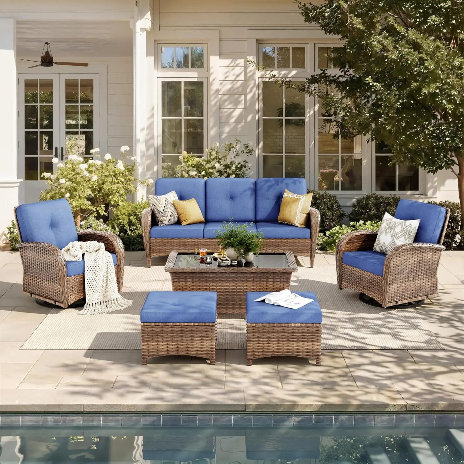 6pc Wicker Rattan Patio Set 3Seat Sofa 2 Swivel Glider Chairs 2 Ottomans Glass Table with Cushions Navy Customized
6pc Wicker Rattan Patio Set 3Seat Sofa 2 Swivel Glider Chairs 2 Ottomans Glass Table with Cushions Navy Customized