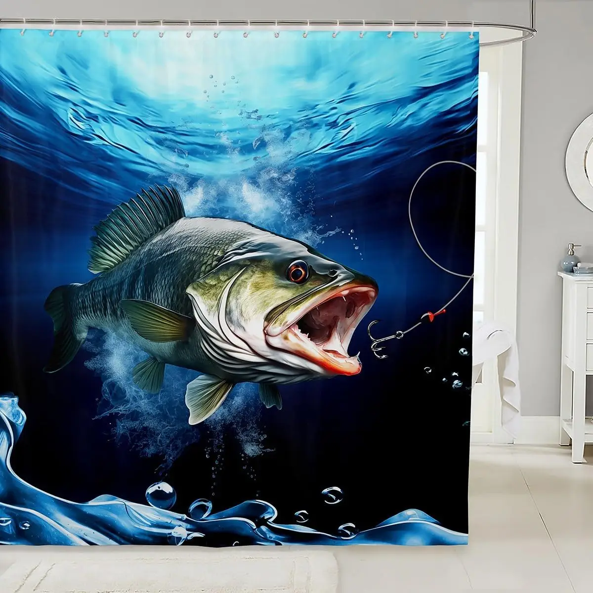 3D Castle Fairy Bass Fish Shower Curtain, Navy Blue Aquatic Horror Theme, Light-Filtering Polyester Waterproof Bathroom Decor
3D Castle Fairy Bass Fish Shower Curtain, Navy Blue Aquatic Horror Theme, Light-Filtering Polyester Waterproof Bathroom Decor
