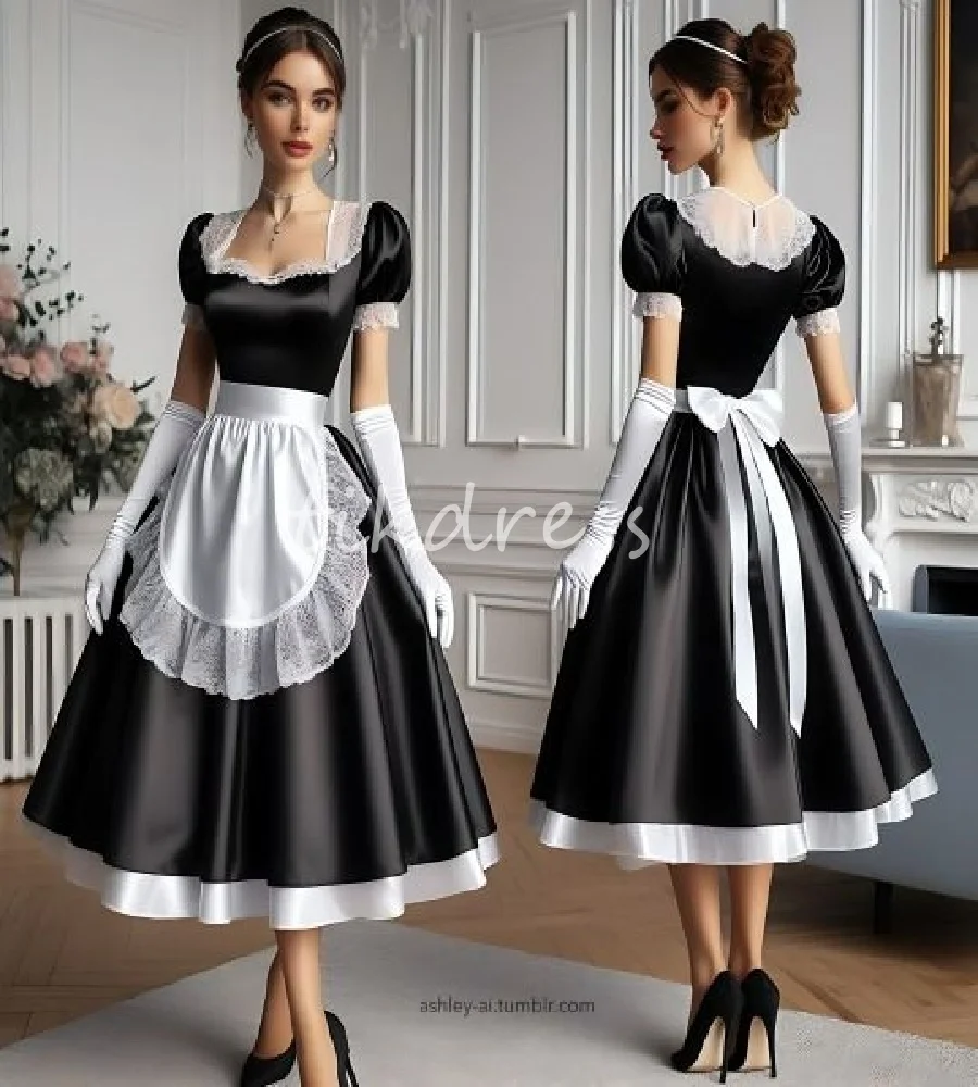 Simple Cosplay Maid Prom Dress Black With White Apron Short Sleeve A Line Satin Evening Dress Elegant Formal Party Customized
Simple Cosplay Maid Prom Dress Black With White Apron Short Sleeve A Line Satin Evening Dress Elegant Formal Party Customized