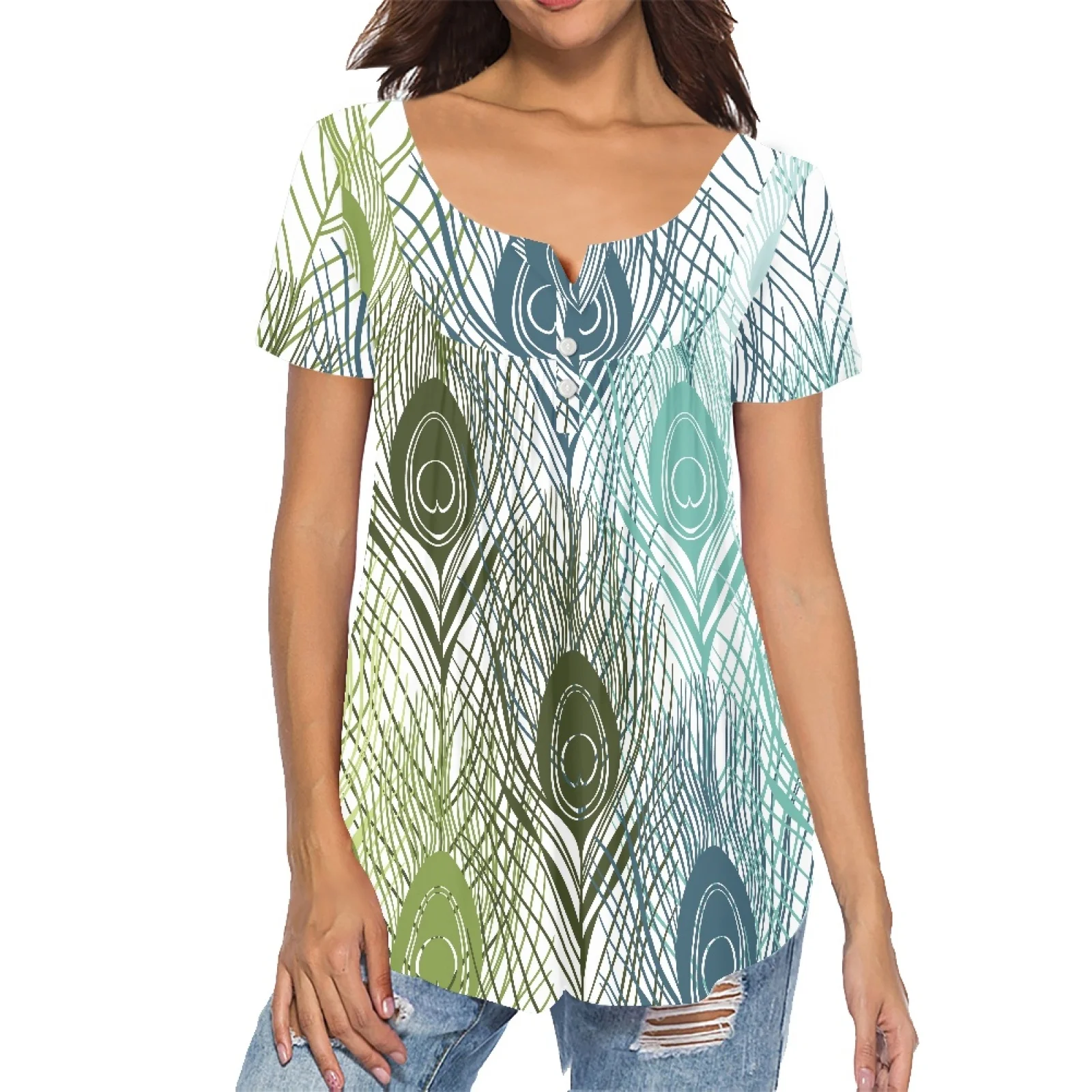 New Design Women's Summer Colorful Feathers Clothing Flags Pattern V-neck Short Sleeves Girl Top Ladies Pleated Buckle Shirt
New Design Women's Summer Colorful Feathers Clothing Flags Pattern V-neck Short Sleeves Girl Top Ladies Pleated Buckle Shirt