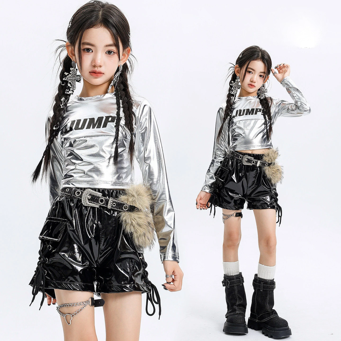 Kid Hip Hop Clothing Silver Metalic Crop Long Sleeve T Shirt Black Lace up Faux Leather Shorts for Girls Dance Costumes Clothes
Kid Hip Hop Clothing Silver Metalic Crop Long Sleeve T Shirt Black Lace up Faux Leather Shorts for Girls Dance Costumes Clothes
