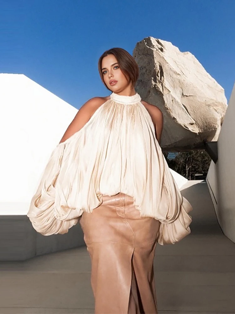 Sexy Halter Neck Puff Sleeves Folds Mini Top Women Beige Off Shoulder Lace-up Loose Top Elegant Evening Party Outfits
Sexy Halter Neck Puff Sleeves Folds Mini Top Women Beige Off Shoulder Lace-up Loose Top Elegant Evening Party Outfits