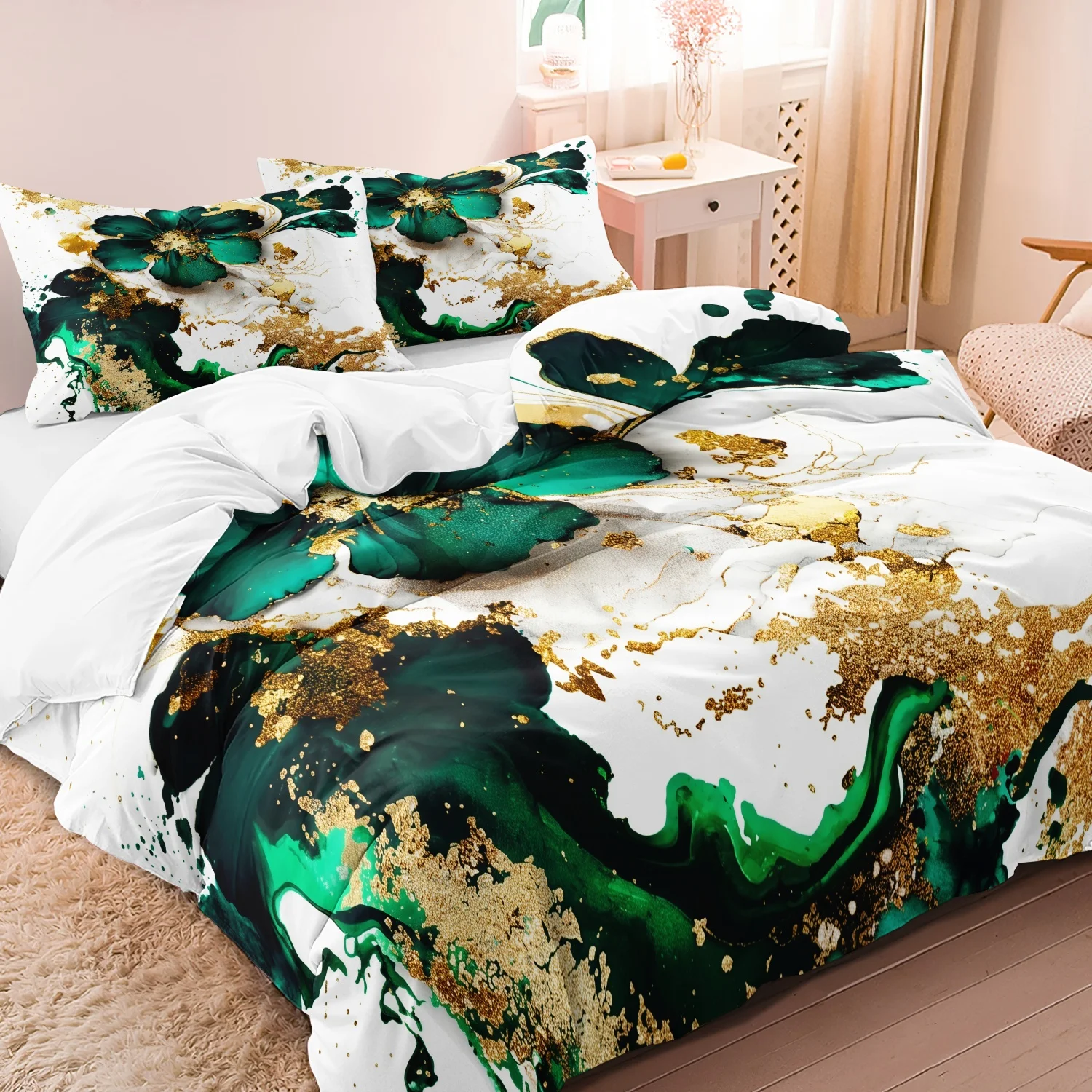 3pcs Luxurious Bedding With A Green And Golden Marble Design Duvet Cover For Master Bedrooms, Guest Rooms, Or Hotels Includes
3pcs Luxurious Bedding With A Green And Golden Marble Design Duvet Cover For Master Bedrooms, Guest Rooms, Or Hotels Includes