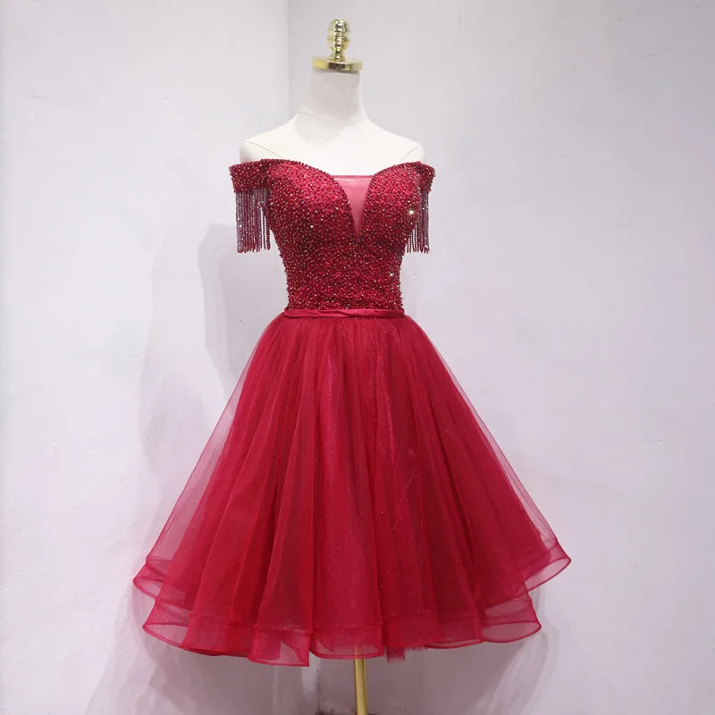 Evening Dress Burgundy Boat Neck Tassel Empire Short Sleeves Knee-Length Lace Up A-Line Tulle New Party Formal Gown Woman B2023
Evening Dress Burgundy Boat Neck Tassel Empire Short Sleeves Knee-Length Lace Up A-Line Tulle New Party Formal Gown Woman B2023