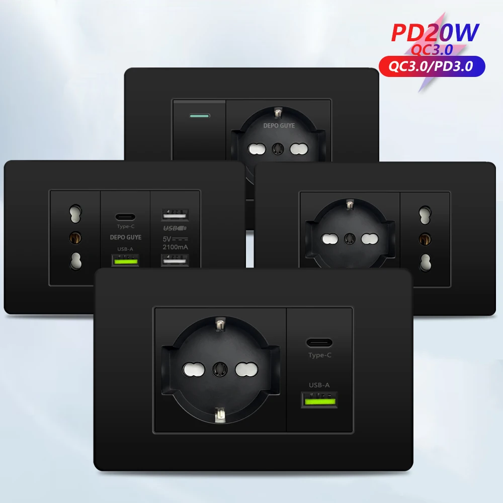 Black Plastic Chile Italy USB TypeC Fast Charging Wall Socket Plug Schuko Electric Light Switch Panel TV Computer CAT6 SAT
Black Plastic Chile Italy USB TypeC Fast Charging Wall Socket Plug Schuko Electric Light Switch Panel TV Computer CAT6 SAT