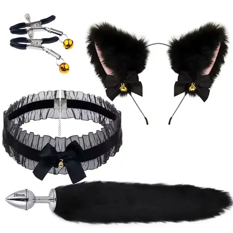 Cute Fox Tail Anal Plug Bow-Knot Soft Cat Ears Headbands Collar Erotic Cosplay  SM Sex Toys for Female Male