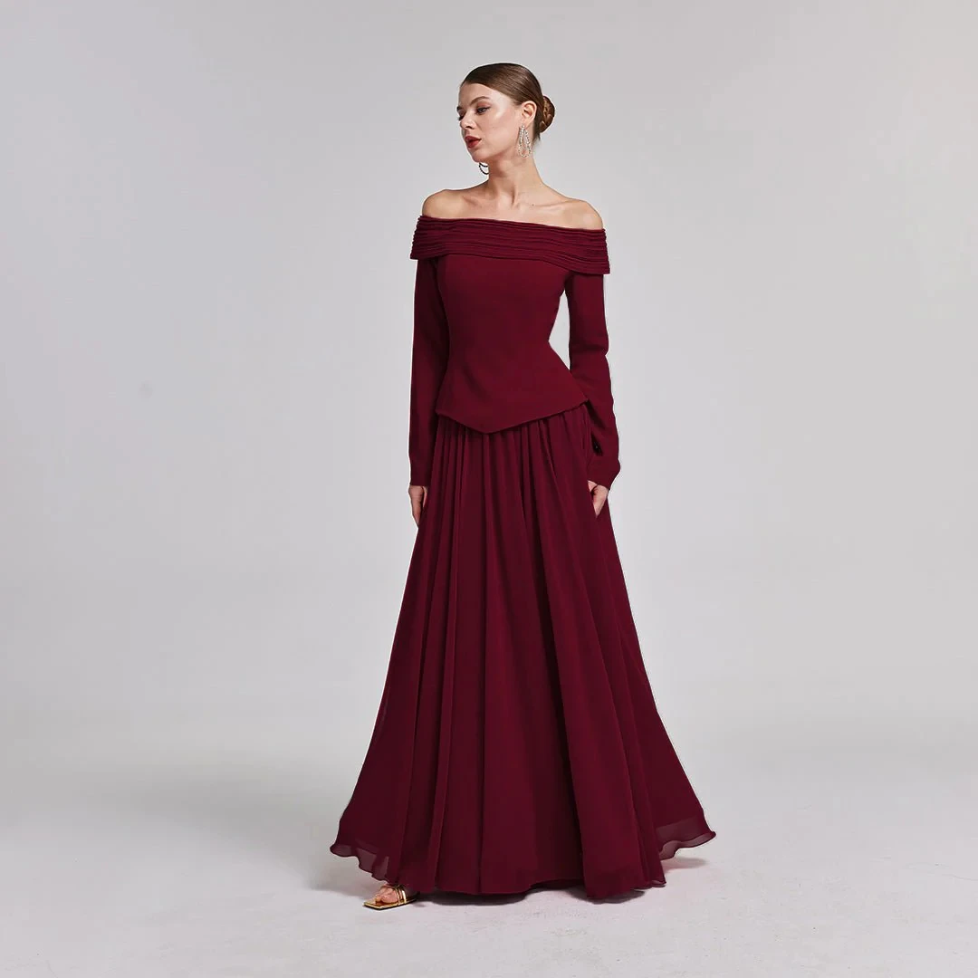 Burgundy Boat Neck Evening Dresses Off the Shoulder Chiffon Long Sleeves A-Line Long Prom Party Gowns for Women 2025 Customized
Burgundy Boat Neck Evening Dresses Off the Shoulder Chiffon Long Sleeves A-Line Long Prom Party Gowns for Women 2025 Customized