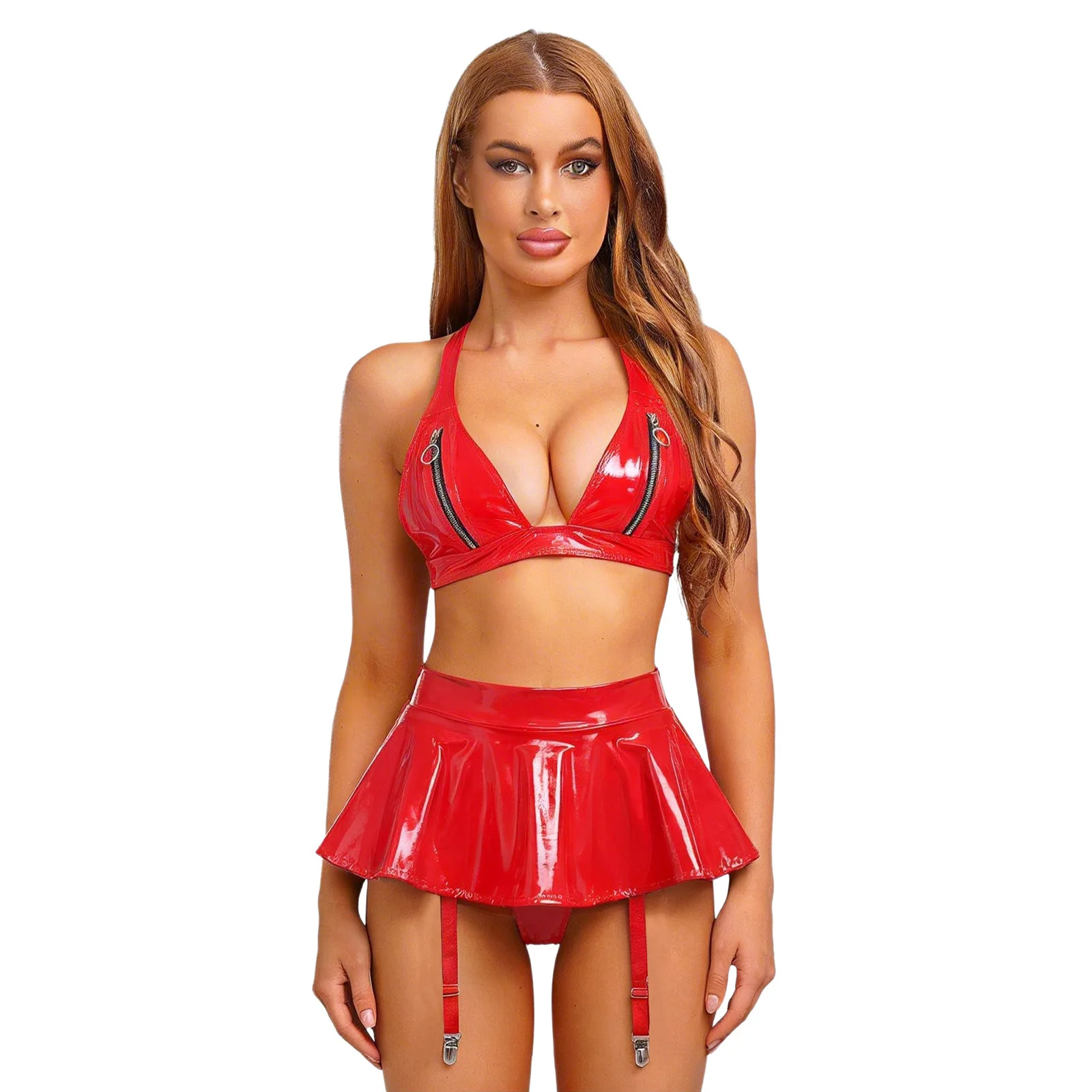 Женский комплект нижнего белья из двух предметов: топ-бюстгальтер на молнии из искусственной кожи с эффектом мокрой кожи и встроенные стринги, юбка с рюшами и держателями для чулок
Женский комплект нижнего белья из двух предметов: топ-бюстгальтер на молнии из искусственной кожи с эффектом мокрой кожи и встроенные стринги, юбка с рюшами и держателями для чулок