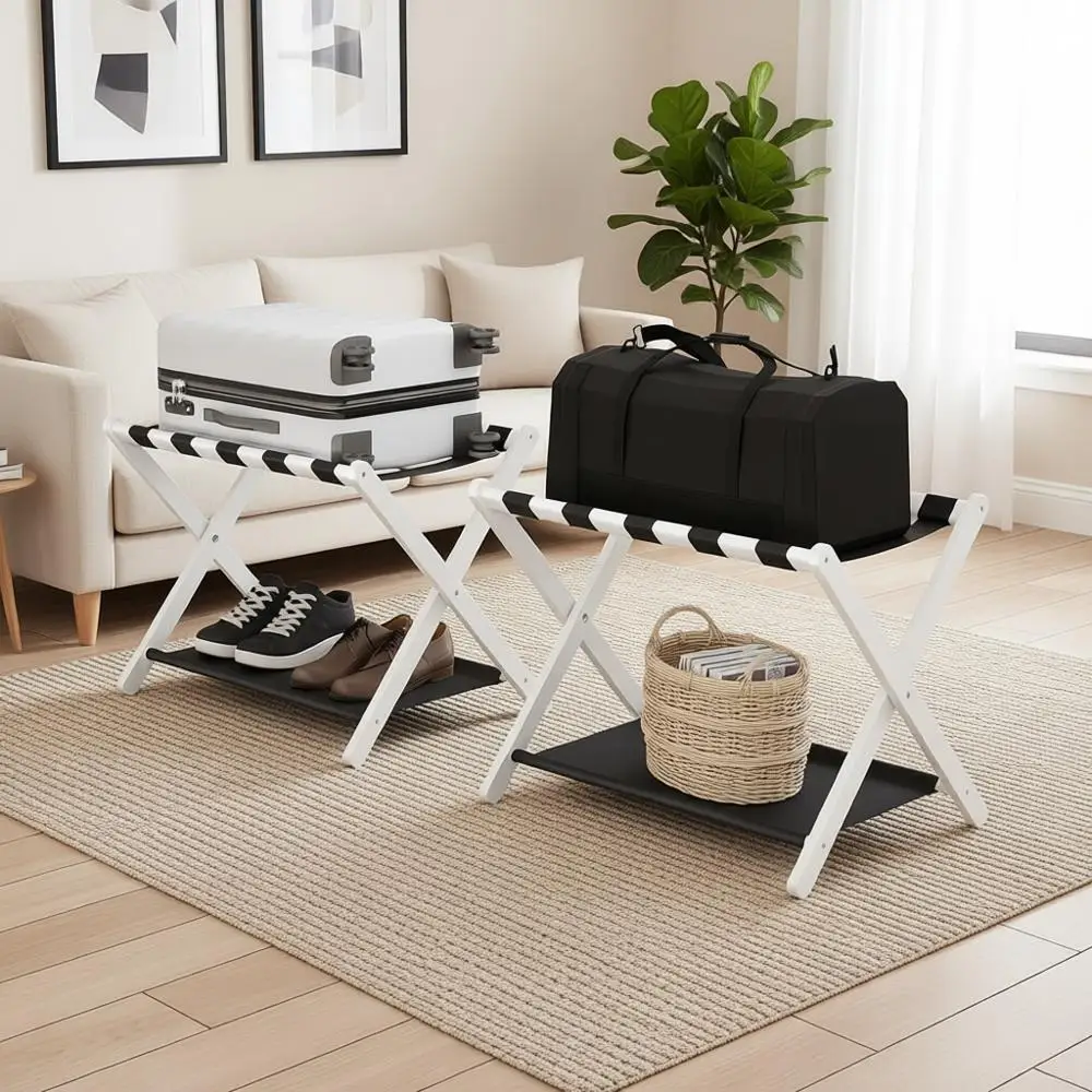 Двухуровневая бамбуковая подставка для багажа с полкой для хранения и нейлоновыми ремнями для легкой сборки в комнатах
Двухуровневая бамбуковая подставка для багажа с полкой для хранения и нейлоновыми ремнями для легкой сборки в комнатах