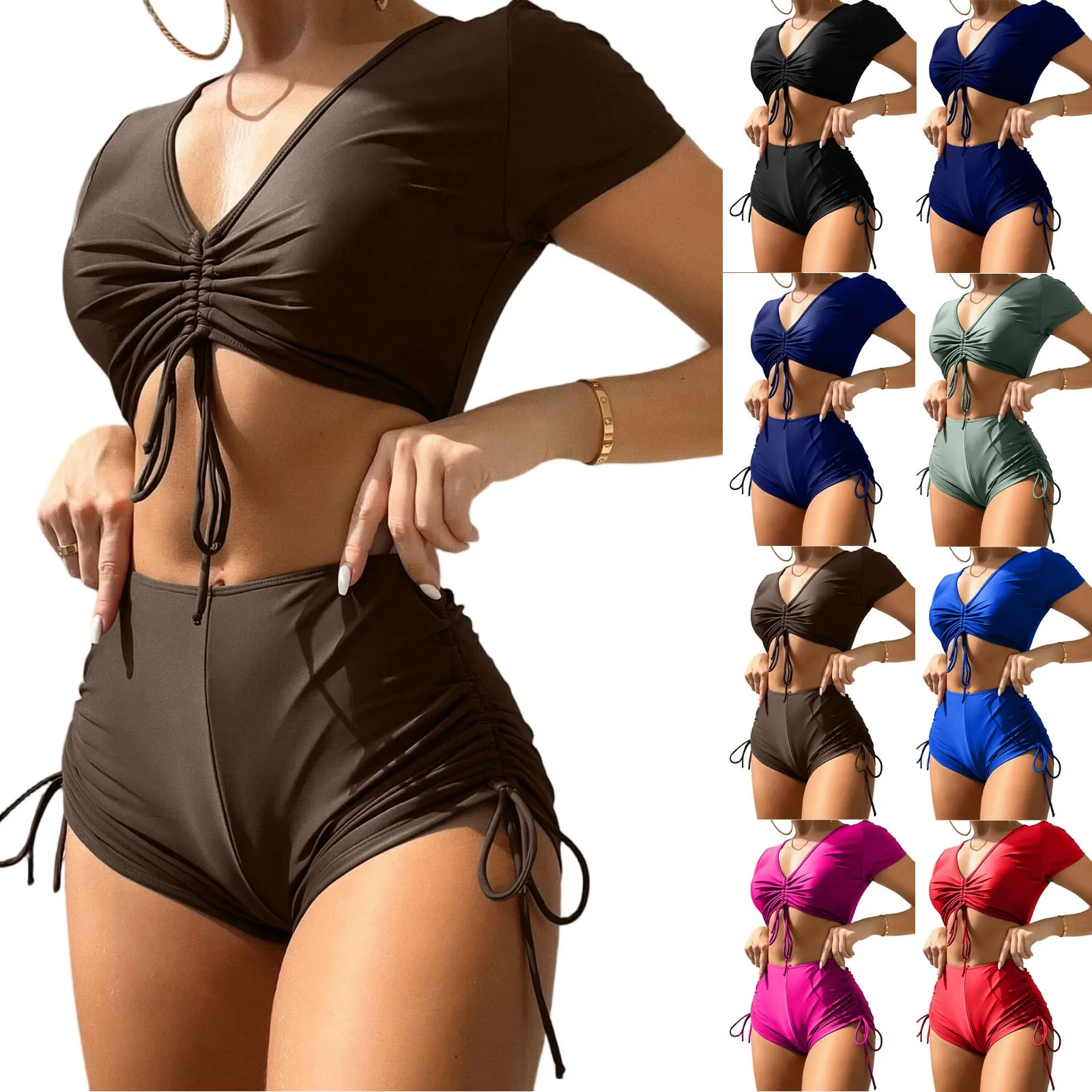 Street Style Sexy Solid Color Bikinis Sets Women Lace Up Short Sleeve Top and Shorts Beach Bathing Suit Holiday Swimwear Biquini
Street Style Sexy Solid Color Bikinis Sets Women Lace Up Short Sleeve Top and Shorts Beach Bathing Suit Holiday Swimwear Biquini