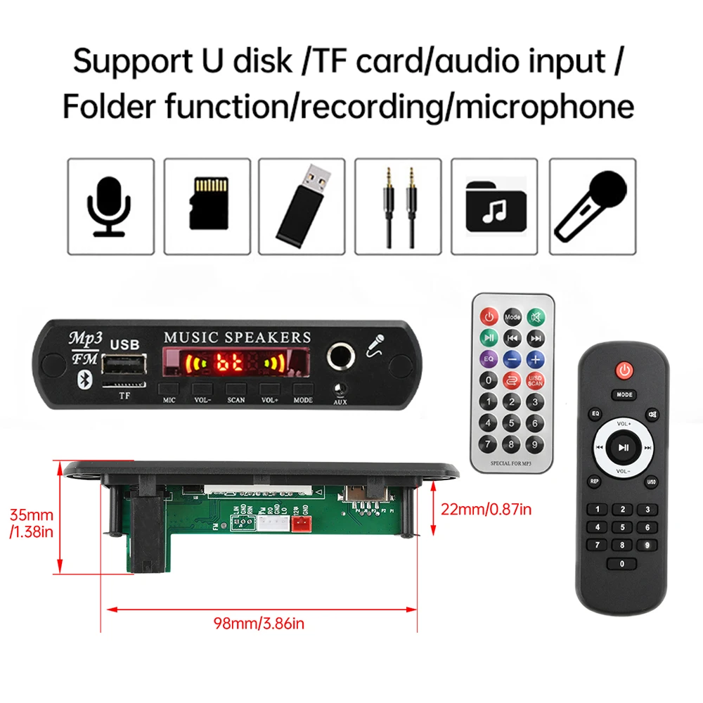 DC 12V Bluetooth 5.0 MP3/WMA/WAV/FLAC/APE Audio Decoder Board With Remote Control Without Amplifier For Car Music Player
DC 12V Bluetooth 5.0 MP3/WMA/WAV/FLAC/APE Audio Decoder Board With Remote Control Without Amplifier For Car Music Player
