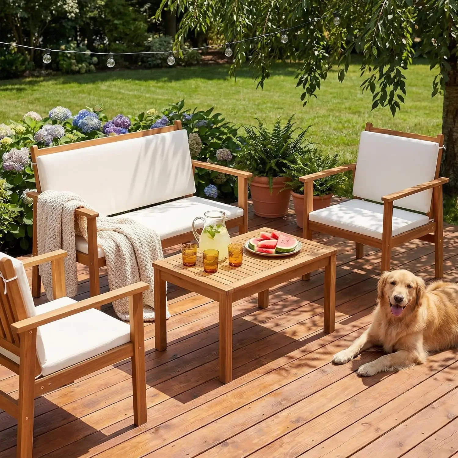 4 Piece Acacia Wood Outdoor Conversation Sofa Set with Table & Cushions for Garden Deck Backyard, Custom
4 Piece Acacia Wood Outdoor Conversation Sofa Set with Table & Cushions for Garden Deck Backyard, Custom