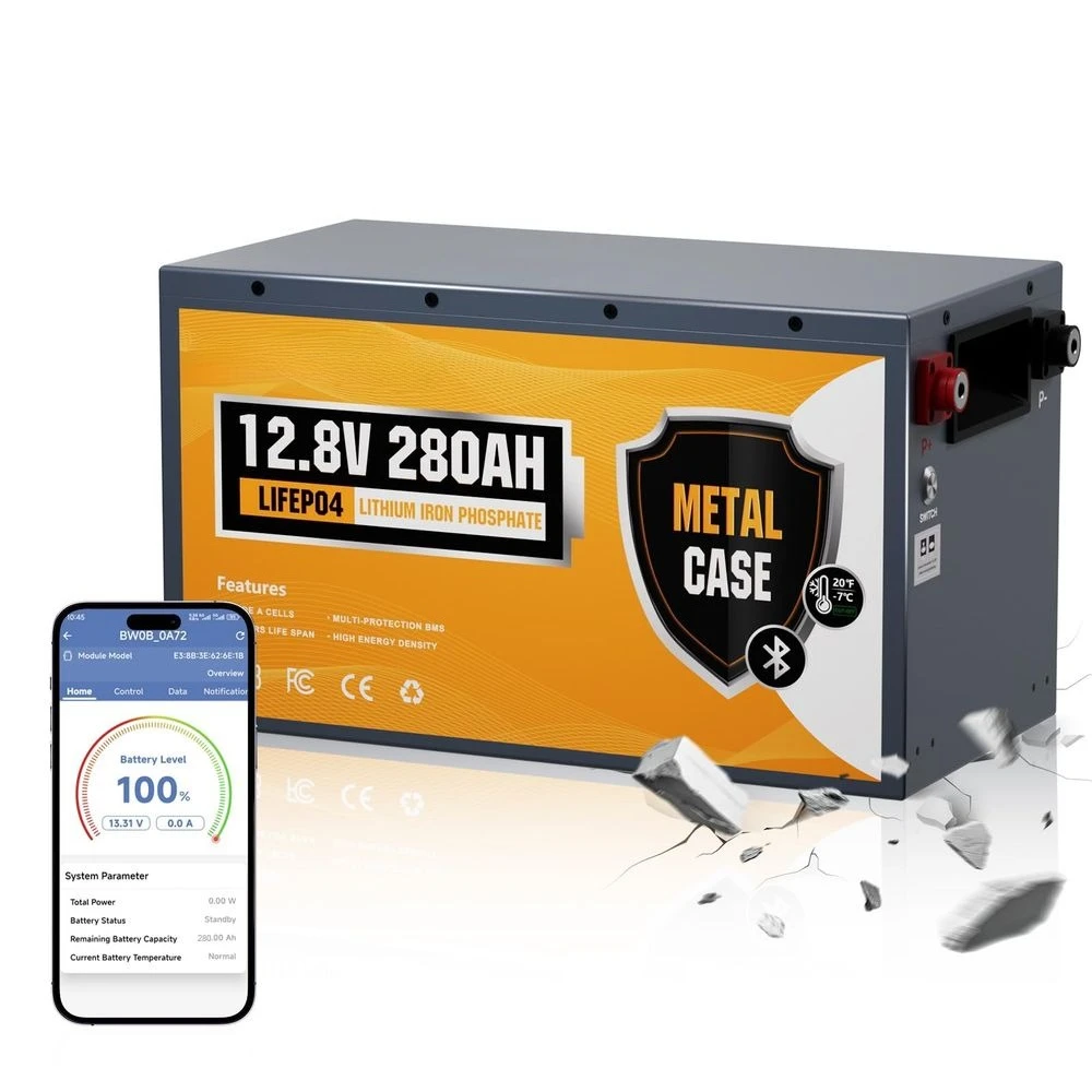 12V 280Ah Metal Case LiFePO4 Lithium Battery with Bluetooth, LowTemp Protection, Built in 200A BMS, 3584Wh Max for OffGrid
12V 280Ah Metal Case LiFePO4 Lithium Battery with Bluetooth, LowTemp Protection, Built in 200A BMS, 3584Wh Max for OffGrid