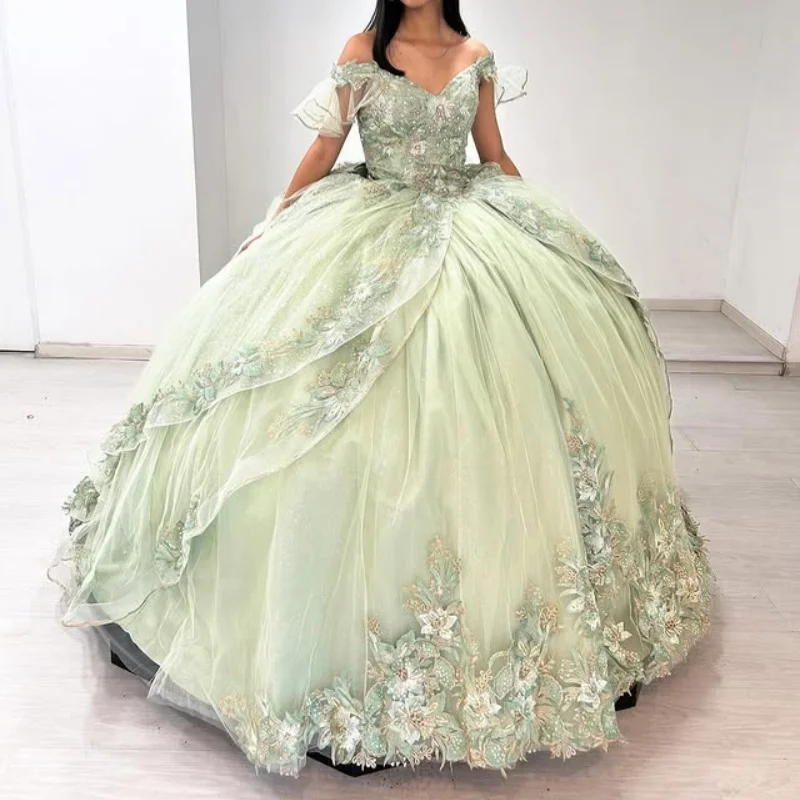 Customized Shiny Mint Green Off Shoulder Quinceanera Dress applique Lace crystal flower Bow vestidos de 15 Quinceanera
Customized Shiny Mint Green Off Shoulder Quinceanera Dress applique Lace crystal flower Bow vestidos de 15 Quinceanera