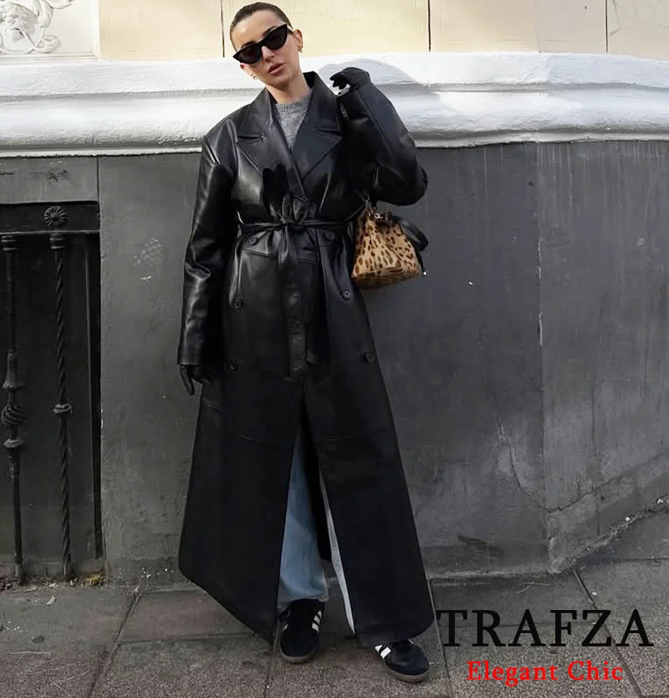 TRAFZA Women Fashion PU Leather Long Trench Coat Lapel Classic Solid Long Coat with Belt New 2024 Fall High Street Leather Coat
TRAFZA Women Fashion PU Leather Long Trench Coat Lapel Classic Solid Long Coat with Belt New 2024 Fall High Street Leather Coat