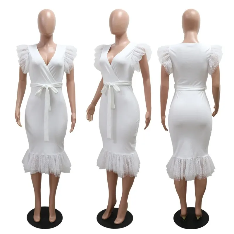 Women Mesh Ruffles Deep V-neck Bodycon Sashes Midi Dress 2025 Summer Birthday Night Club Party Vestidos Sexy Dresses 
Women Mesh Ruffles Deep V-neck Bodycon Sashes Midi Dress 2025 Summer Birthday Night Club Party Vestidos Sexy Dresses