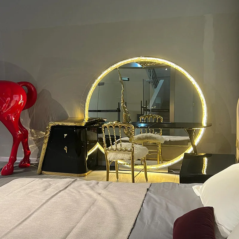 Modern large round mirror bedroom dresser, designer home solid wood mirror makeup table
Modern large round mirror bedroom dresser, designer home solid wood mirror makeup table