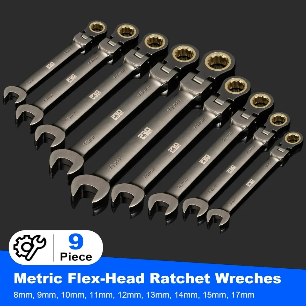 9-Piece Metric Flex-Head Ratchet Wrench Set,Cr-V Constructed with Black Nickel Plating,8-17mm Swivel Head Ratcheting Combination
9-Piece Metric Flex-Head Ratchet Wrench Set,Cr-V Constructed with Black Nickel Plating,8-17mm Swivel Head Ratcheting Combination
