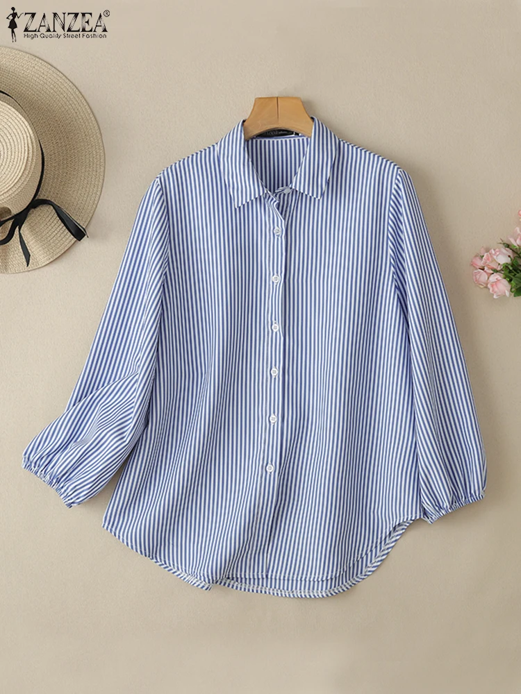 Fashion 3/4 Sleeve Lapel Neck Tops Striped Shirts 2025 ZANZEA Women Summer Work OL Blouse Muslim Turkey Blusas Oversize Chemise 
Fashion 3/4 Sleeve Lapel Neck Tops Striped Shirts 2025 ZANZEA Women Summer Work OL Blouse Muslim Turkey Blusas Oversize Chemise