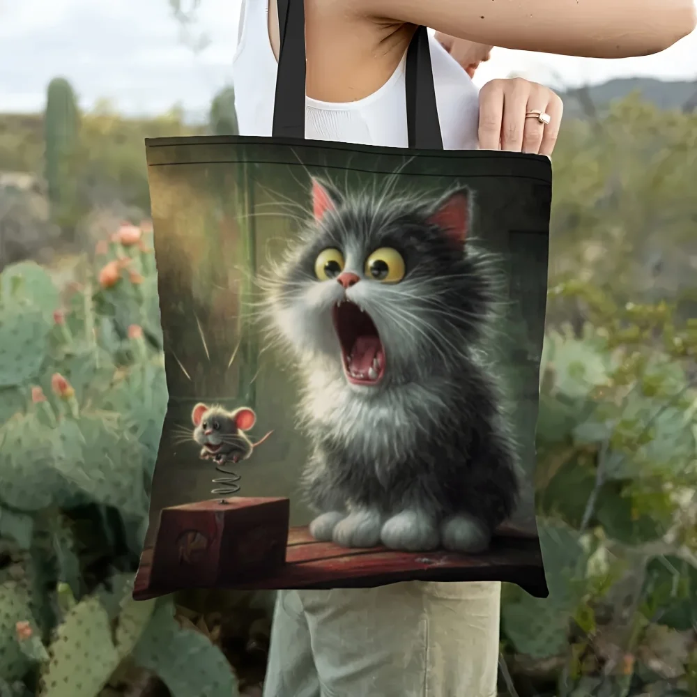 A Fashionable Tote Bag Featuring a Design of a Frightened Cat And Mouse, Ideal for Women And Suitable for Shopping
A Fashionable Tote Bag Featuring a Design of a Frightened Cat And Mouse, Ideal for Women And Suitable for Shopping