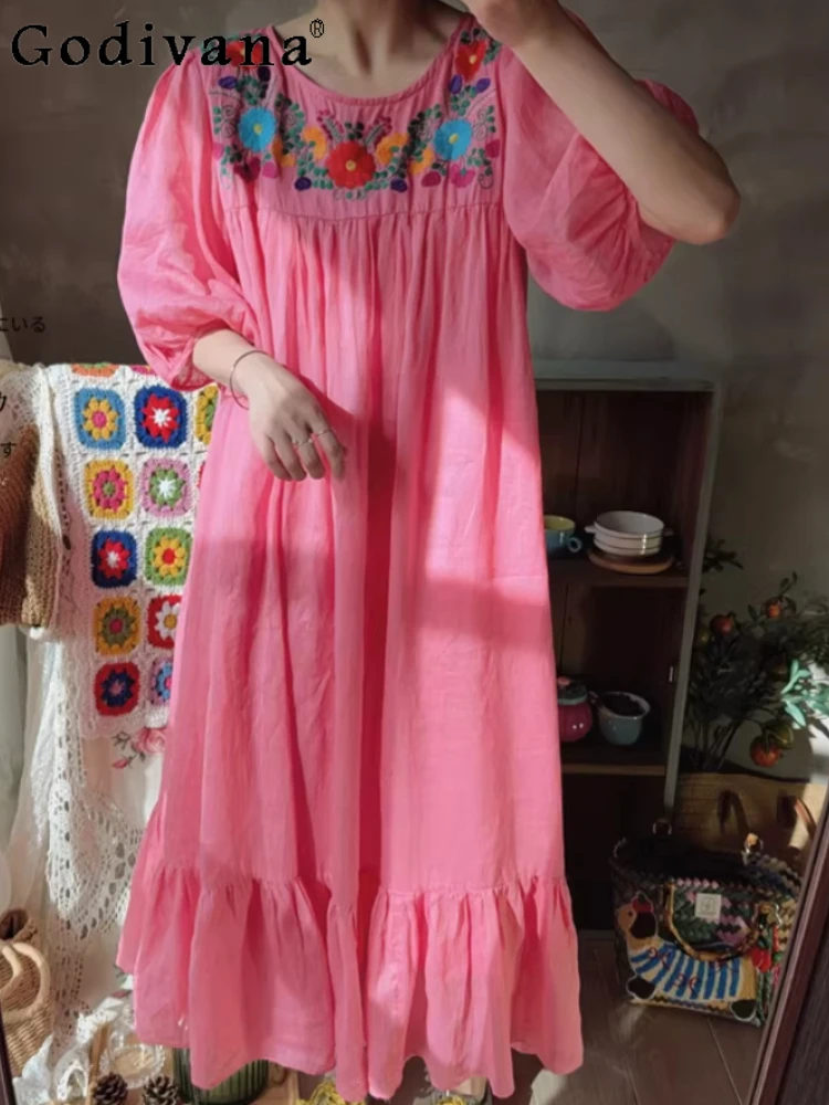 Spring Summer Loose Short Sleeve Crew Neck Embroidered Dress Sweet Woman Ruffles High Waist A-line Fairy Vacation Long Dresses
Spring Summer Loose Short Sleeve Crew Neck Embroidered Dress Sweet Woman Ruffles High Waist A-line Fairy Vacation Long Dresses