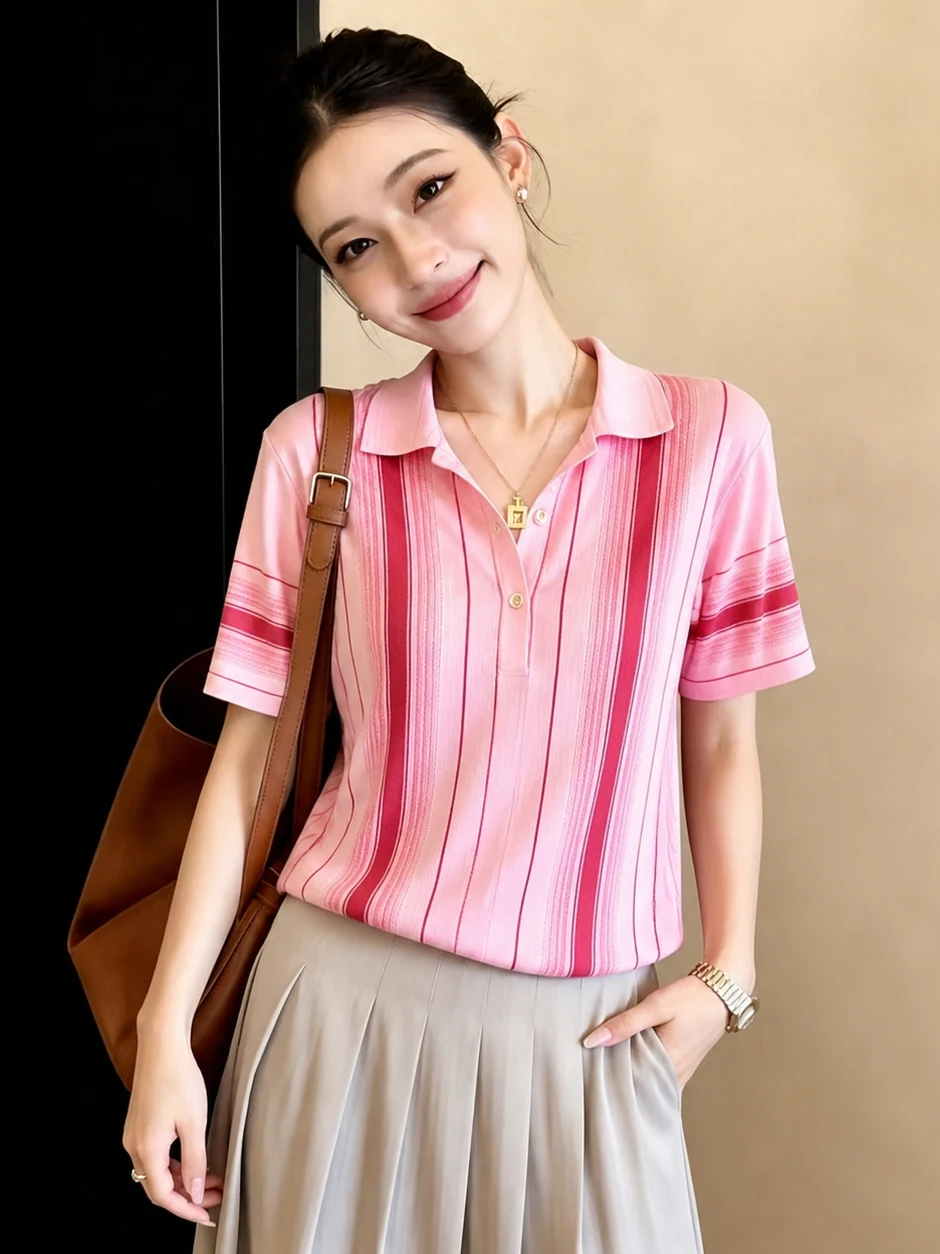 Fashionable Striped Color Block Short Sleeve Turn-down Collar Women's T-shirt Korean Style Sweet Summer Top Poetic Lin
Fashionable Striped Color Block Short Sleeve Turn-down Collar Women's T-shirt Korean Style Sweet Summer Top Poetic Lin